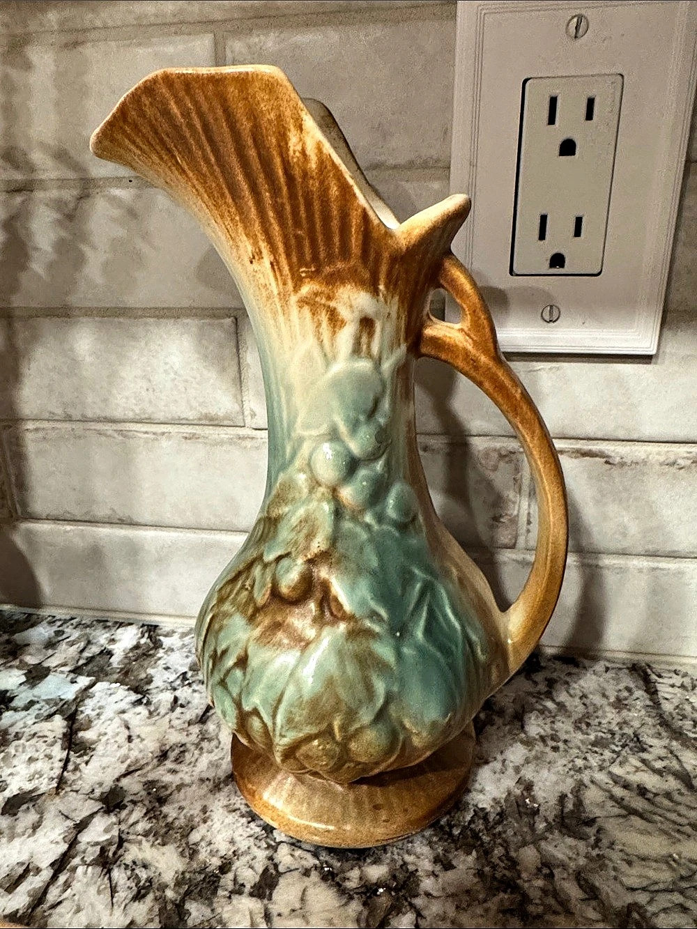 Mid-Century Signed McCoy Pottery Rustic Berry & Vine Ewer Pitcher Teal & Brown